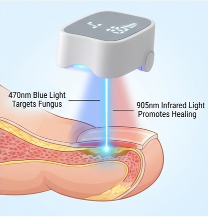 Schéma action lumière bleue 470nm ongle mycosé